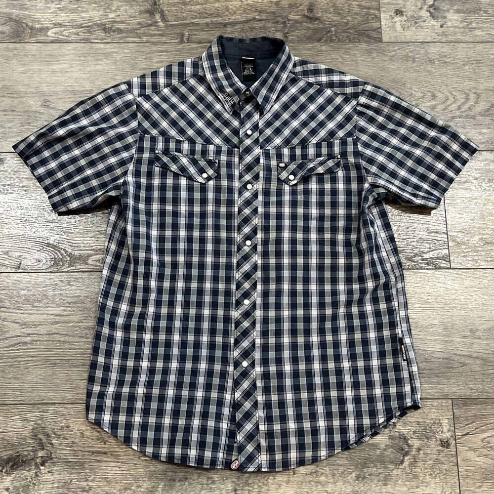 Vintage Y2K Split Pearl Snap Short Sleeve Plaid Shirt Embroidered Skate - Medium